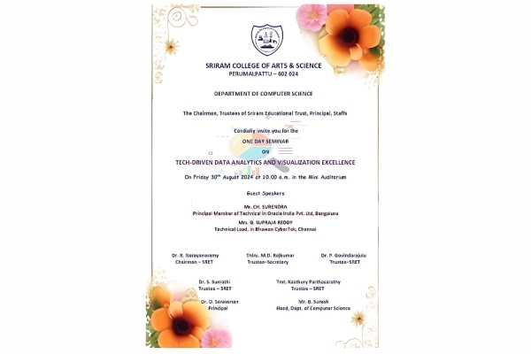 One Day Seminar on “Tech-Driven Data Analytics and Visualization Excellence”Conducted by Dept. of Computer Science on 30-08-2024